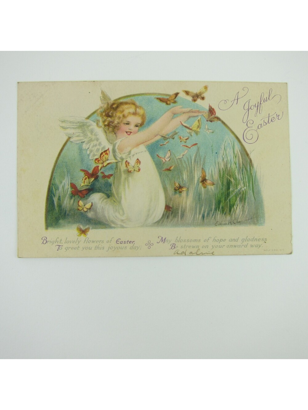Easter Postcard Blonde Angel in White Dress Butterflies in Grass Antique 1921